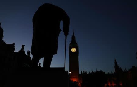 Dawn breaks behind the Houses of Parliament and the statue of Winston Churchill in Westminster, London, Britain June 24, 2016. REUTERS/Stefan Wermuth