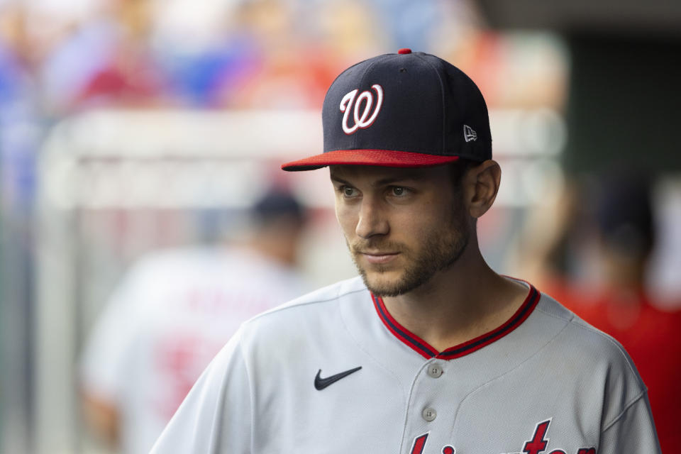 PHILADELPHIA, PA - JULY 27: Trea Turner #7 of the Washington Nationals looks on against the Philadelphia Phillies at Citizens Bank Park on July 27, 2021 in Philadelphia, Pennsylvania. The Nationals defeated the Phillies 6-4. (Photo by Mitchell Leff/Getty Images)