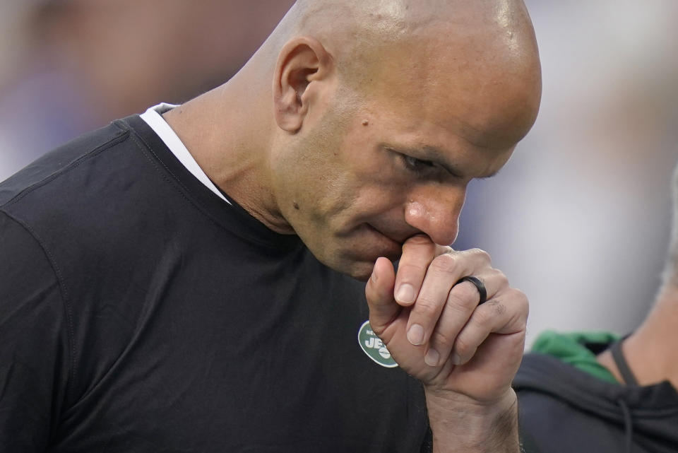 New York Jets head coach Robert Saleh heads to the locker room after a 54-13 loss to the New England Patriots following an NFL football game, Sunday, Oct. 24, 2021, in Foxborough, Mass. (AP Photo/Steven Senne)