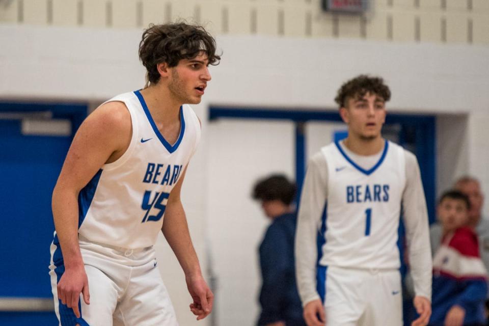 Pleasant Valley senior Luke Pandolfo (No. 45) gets set on defense against Pocono Mountain West in Brodheadsville on Tuesday, Jan. 18, 2022. Pandolfo, a senior with autism, made his first start after serving as a role player for most of the season.