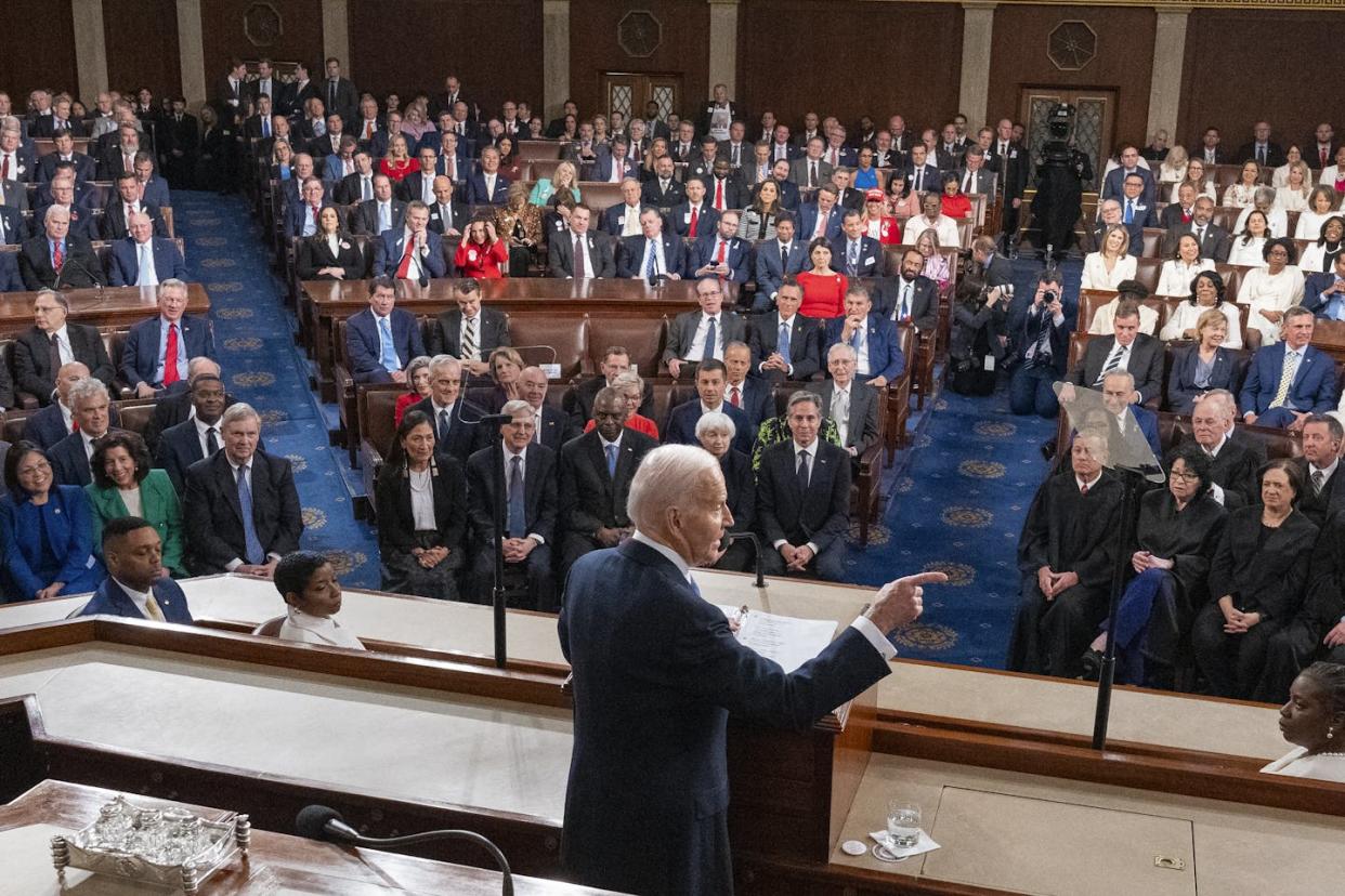 President Joe Biden delivers his State of the Union address on March 7, 2024. <a href="https://www.gettyimages.com/detail/news-photo/president-joe-biden-delivers-the-annual-state-of-the-union-news-photo/2059263399?adppopup=true" rel="nofollow noopener" target="_blank" data-ylk="slk:Alex Brandon-Pool/Getty Images;elm:context_link;itc:0;sec:content-canvas" class="link ">Alex Brandon-Pool/Getty Images</a>