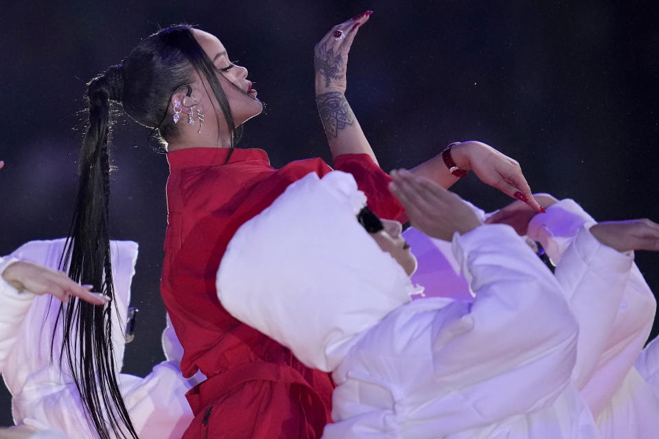 Rihanna performs during the halftime show at the NFL Super Bowl 57 football game between the Kansas City Chiefs and the Philadelphia Eagles, Sunday, Feb. 12, 2023, in Glendale, Ariz. (AP Photo/Ashley Landis)