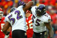 KANSAS CITY, MO - JANUARY 09: Linebackers Ray Lewis #52 and Terrell Suggs #55 of the Baltimore Ravens celebrate a play during their 2011 AFC wild card playoff game against the Kansas City Chiefs at Arrowhead Stadium on January 9, 2011 in Kansas City, Missouri. (Photo by Dilip Vishwanat/Getty Images)