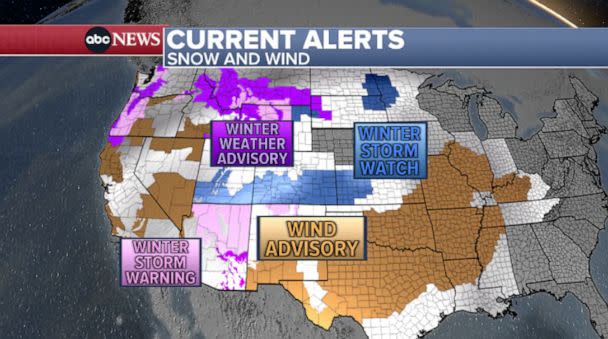 PHOTO: Current snow and wind weather alerts for the West Coast for Feb. 14, 2013. (ABC News)