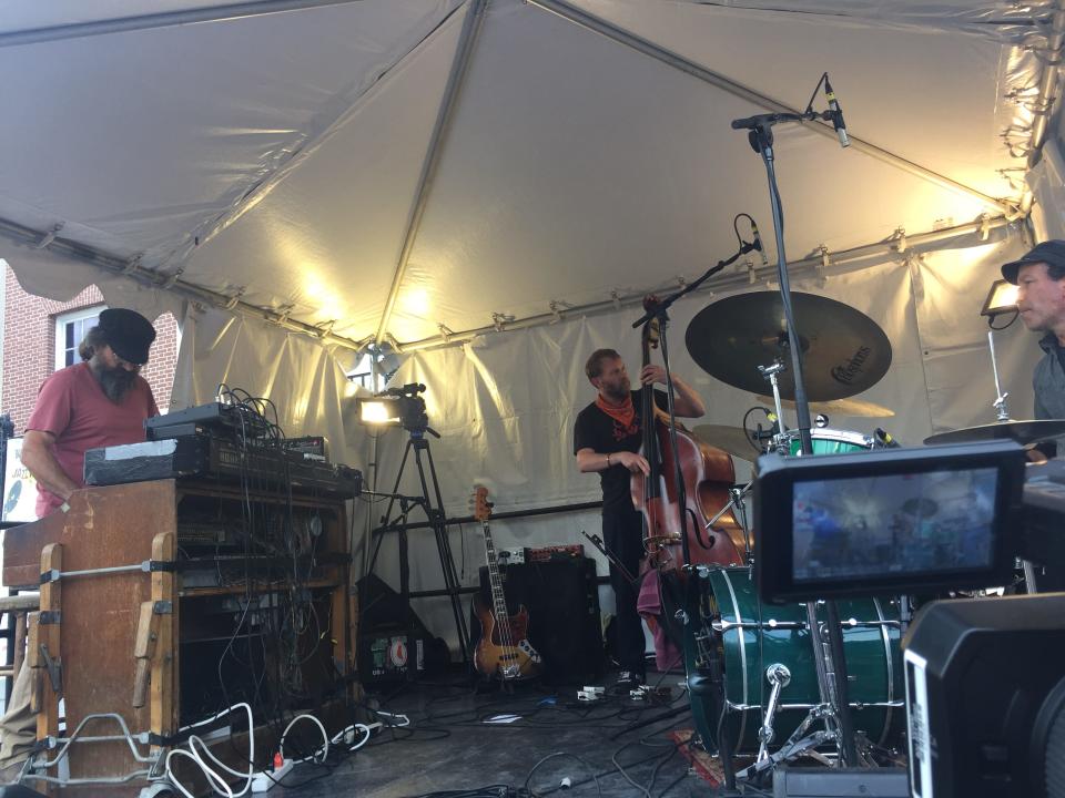 The Vermont jazz trio Vorcza - from left to right, Ray Paczkowski, Robinson Morse and Gabe Jarrett - performs June 11, 2021 on the Church Street Marketplace during the Burlington Discover Jazz Festival.