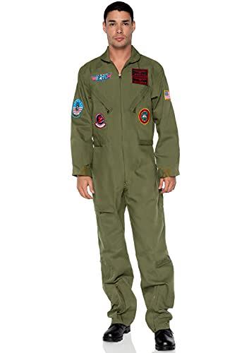 25) Leg Avenue mens - Top Gun Men's Flight Suit With Interchangeable Name Badges Khaki Pilot Jumpsuit Halloween Adult Sized Costumes, Khaki/Green, 2X US