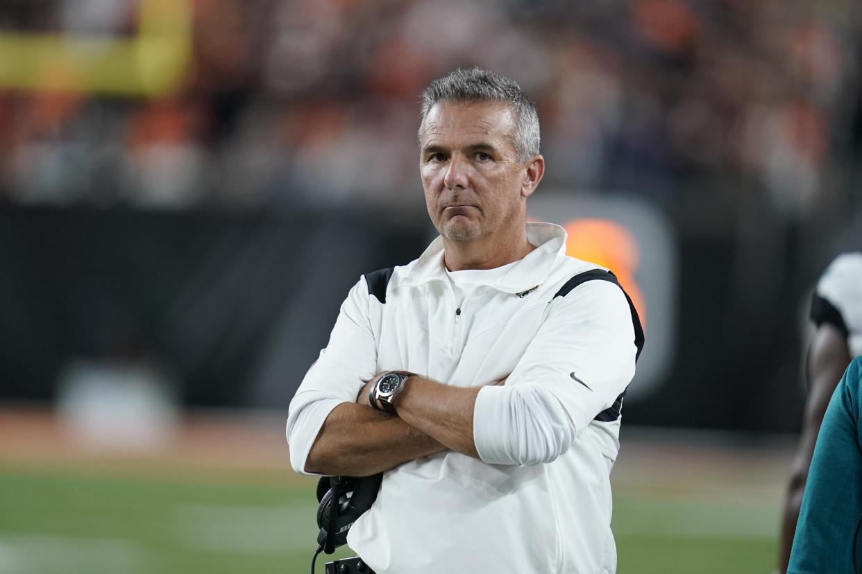 Jacksonville Jaguars head coach Urban Meyer watches during the second half of an NFL football game against the Cincinnati Bengals, Thursday, Sept. 30, 2021, in Cincinnati. Cincinnati won 24-21. (AP Photo/Michael Conroy)