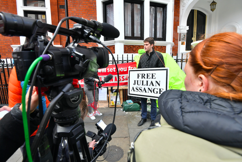 <em>Kyle Ferran, a Julian Assange supporter, outside the Ecuadorian embassy after Assange’s arrest (PA)</em>