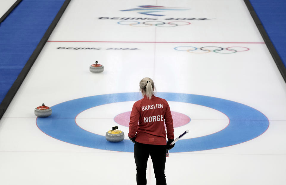 Norway's Kristin Skaslien, competes during their mixed doubles curling match against Czech Republic, at the 2022 Winter Olympics, Wednesday, Feb. 2, 2022, in Beijing. (AP Photo/Nariman El-Mofty)