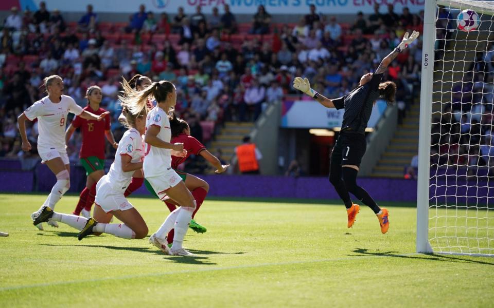 Switzerland's Rahel Kiwic, third from left, scores his side's second goal during the Women Euro 2022 soccer match between Portugal and Switzerland at Leigh Sports Village in Wigan & Leigh, England, Saturday, July 9, 2022 - AP