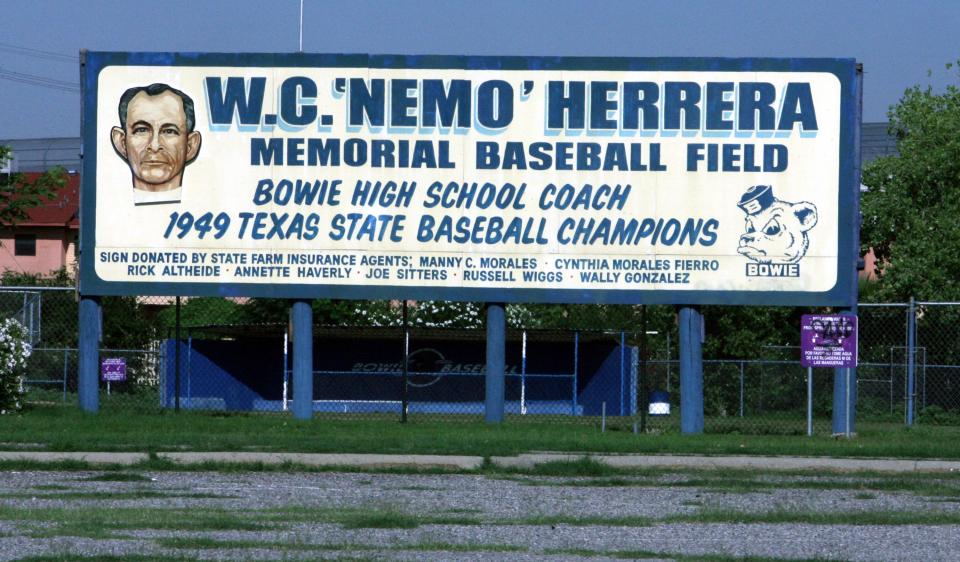 The Bowie High School baseball field is named for the coach of the 1949 Texas state baseball championship team. “He taught us that it’s not where you come from, it is what you become,” Gustavo Sambrano said of coach W.C. “Nemo” Herrera.