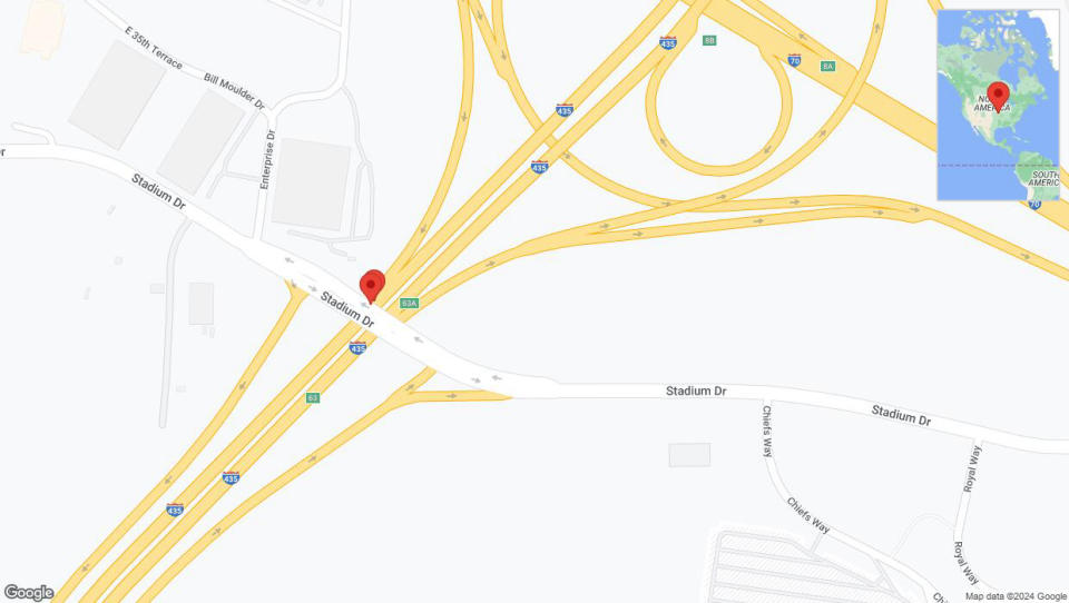 A detailed map that shows the affected road due to 'Broken down vehicle on southbound I-435 in Kansas City' on January 3rd at 2:42 p.m.