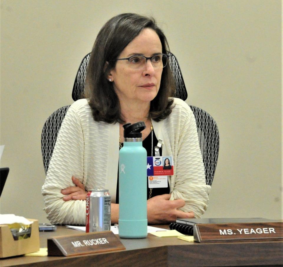 Wichita Falls ISD Vice President Elizabeth Yeager pays close attention during a school board meeting at the WFISD Education Center on Friday, December 3, 2021.