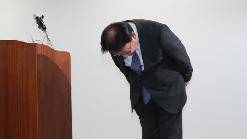 CJ Logistics CEO Park bows during a news conference in Seoul