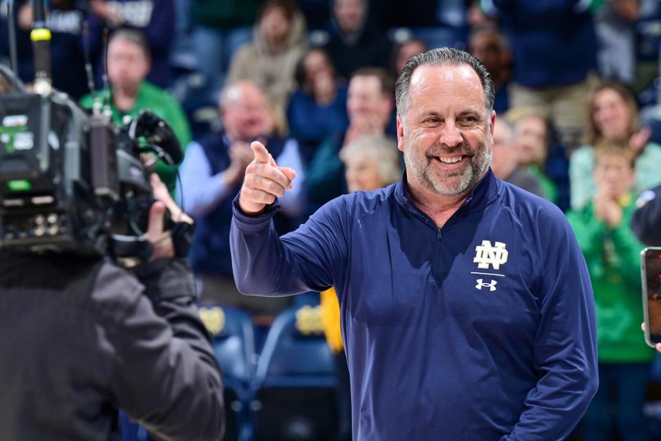 This file photo from March 1, 2023 shows Notre Dame men's basketball coach Mike Brey before the Irish's game against Pittsburgh at Purcell Pavilion in South Bend, Indiana.