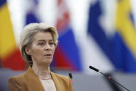 European Commission President Ursula von der Leyen delivers her speech at European Parliament in Strasbourg, eastern France, Tuesday, Feb. 6, 2024. The European Union’s executive shelved its anti-pesticides proposal Tuesday in yet another concession to farmers after weeks of protests blocked major capitals and economic lifelines across the 27-nation bloc. (AP Photo/Jean-Francois Badias)