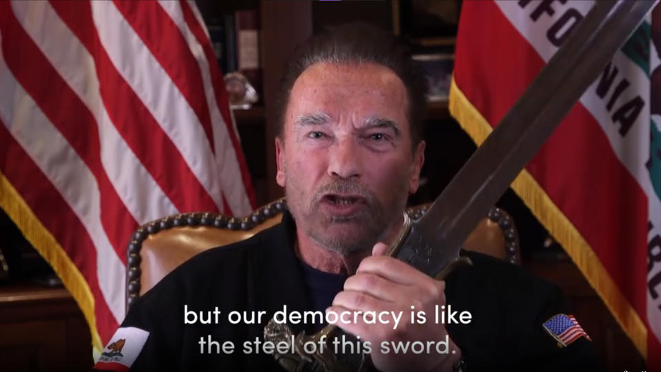 This Sunday, Jan. 10, 2021, image from a video released by Schwarzenegger shows former Republican California Gov. Arnold Schwarzenegger delivering a public message at his home in Los Angeles. Schwarzenegger compared the mob that stormed the U.S. Capitol to the Nazis and called President Donald Trump a failed leader who “will go down in history as the worst president ever.” (Frank Fastner/Arnold Schwarzenegger via AP)