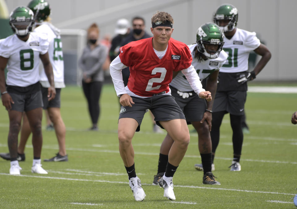 New York Jets first round draft pick Zach Wilson works out during NFL football rookie camp, Friday, May 7, 2021, in Florham Park, N.J.(AP Photo/Bill Kostroun)