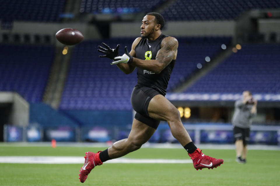 AJ Dillon runs a drill at the NFL scouting combine.