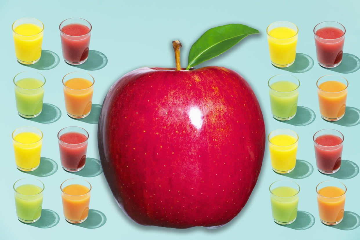 Social media users are commenting on just how much apple juice is in other juices. (Photo illustration: Yahoo News; photos: Getty Images.)