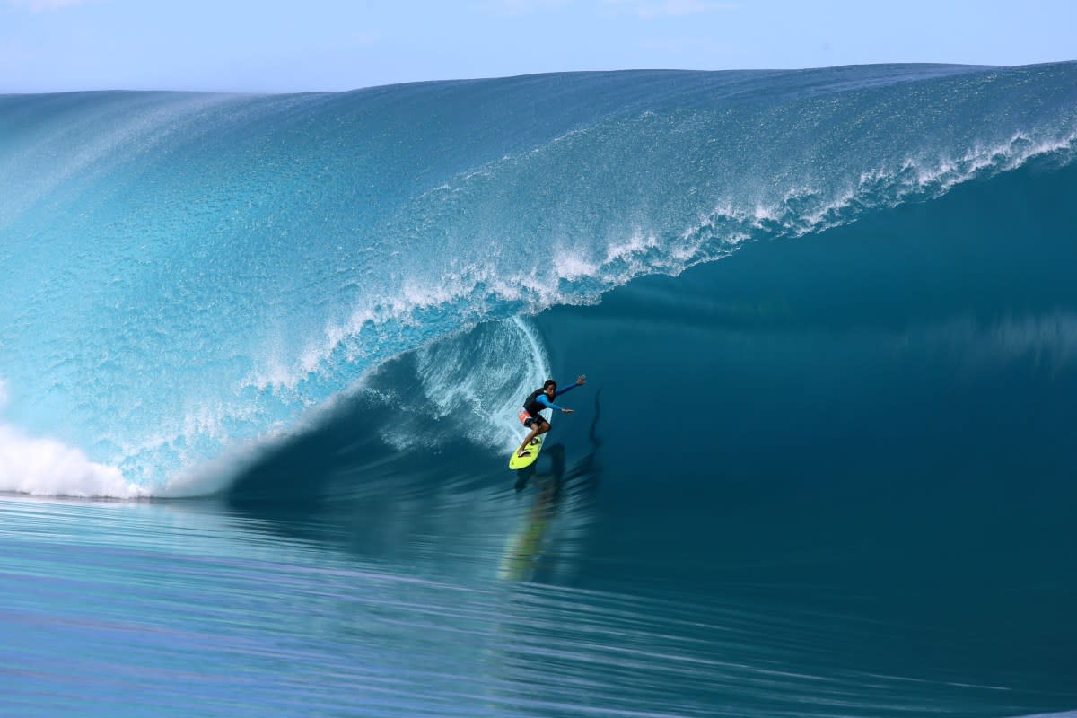 Matahi Drollet, doing what he does best out at Teahupo'o.<p>Photo: GREGORY BOISSY/AFP via Getty Images</p>