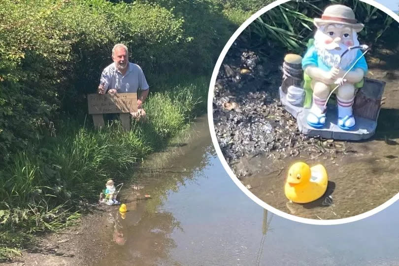 The Epney Pond with Ron Hartell setting up a private fishing sign, a gnome and a rubber duck