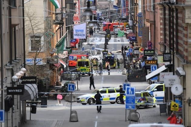 A view of the street scene after people were killed when a truck crashed into a department store Ahlens, in central Stockholm. Fredrik Sandberg / TT News Agency / Reuters