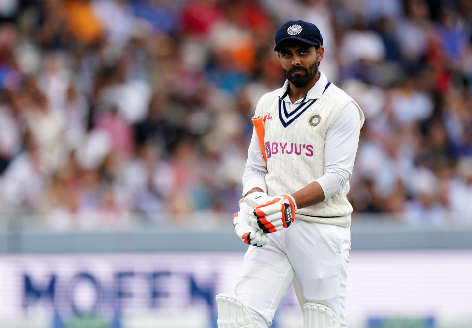 Indias Ravindra Jadeja returns to the pavilion after being dismissed by Englands Moeen Ali during day four of the cinch Second Test match at Lord's, London. Picture date: Sunday August 15, 2021. (Photo by Zac Goodwin/PA Images via Getty Images)