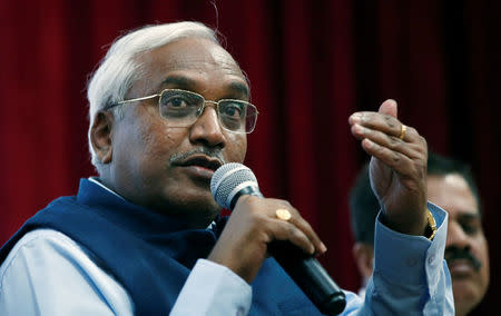 K. J. Ramesh, Director General of India Metrological department, gestures as he answers a question during a news conference in New Delhi, India April 18, 2017. REUTERS/Adnan Abidi