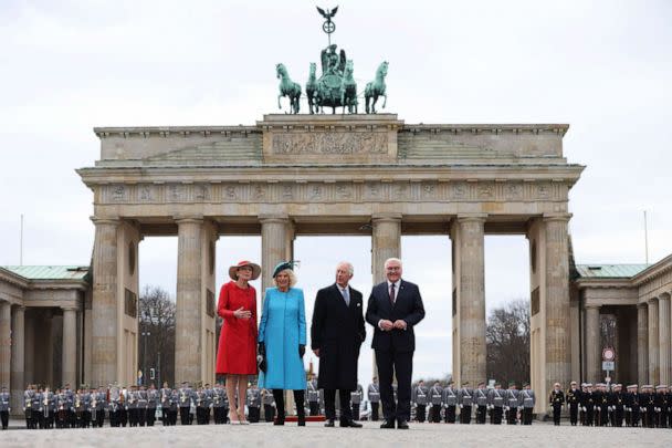 PHOTO: TThe German President's wife Elke Buedenbender, Britain's Camilla, Queen Consort, Britain's King Charles III and German President Frank-Walter Steinmeier attend a ceremonial welcome at Brandenburg Gate in Berlin, on March 29, 2023. (Ronny Hartmann/AFP via Getty Images)