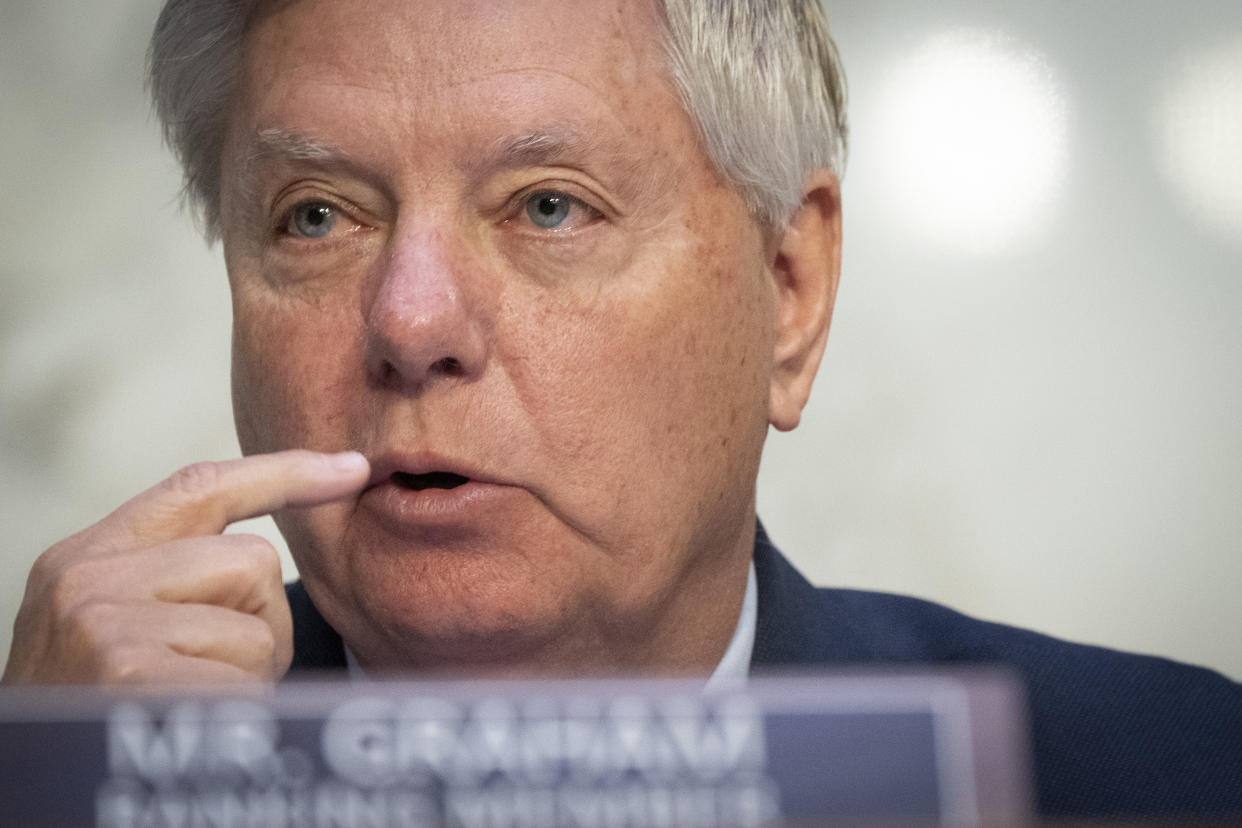 Sen. Lindsey Graham, R-S.C., questions Attorney General Merrick Garland as the Senate Judiciary Committee examines the Department of Justice, at the Capitol in Washington, Wednesday, March 1, 2023. (AP Photo/Jacquelyn Martin)