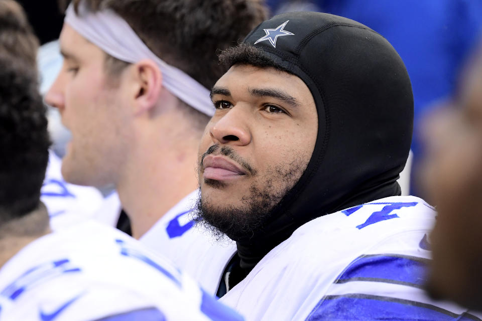 EAST RUTHERFORD, NEW JERSEY - DECEMBER 30:  La'el Collins #71 of the Dallas Cowboys looks on against the New York Giants at MetLife Stadium on December 30, 2018 in East Rutherford, New Jersey. (Photo by Steven Ryan/Getty Images)