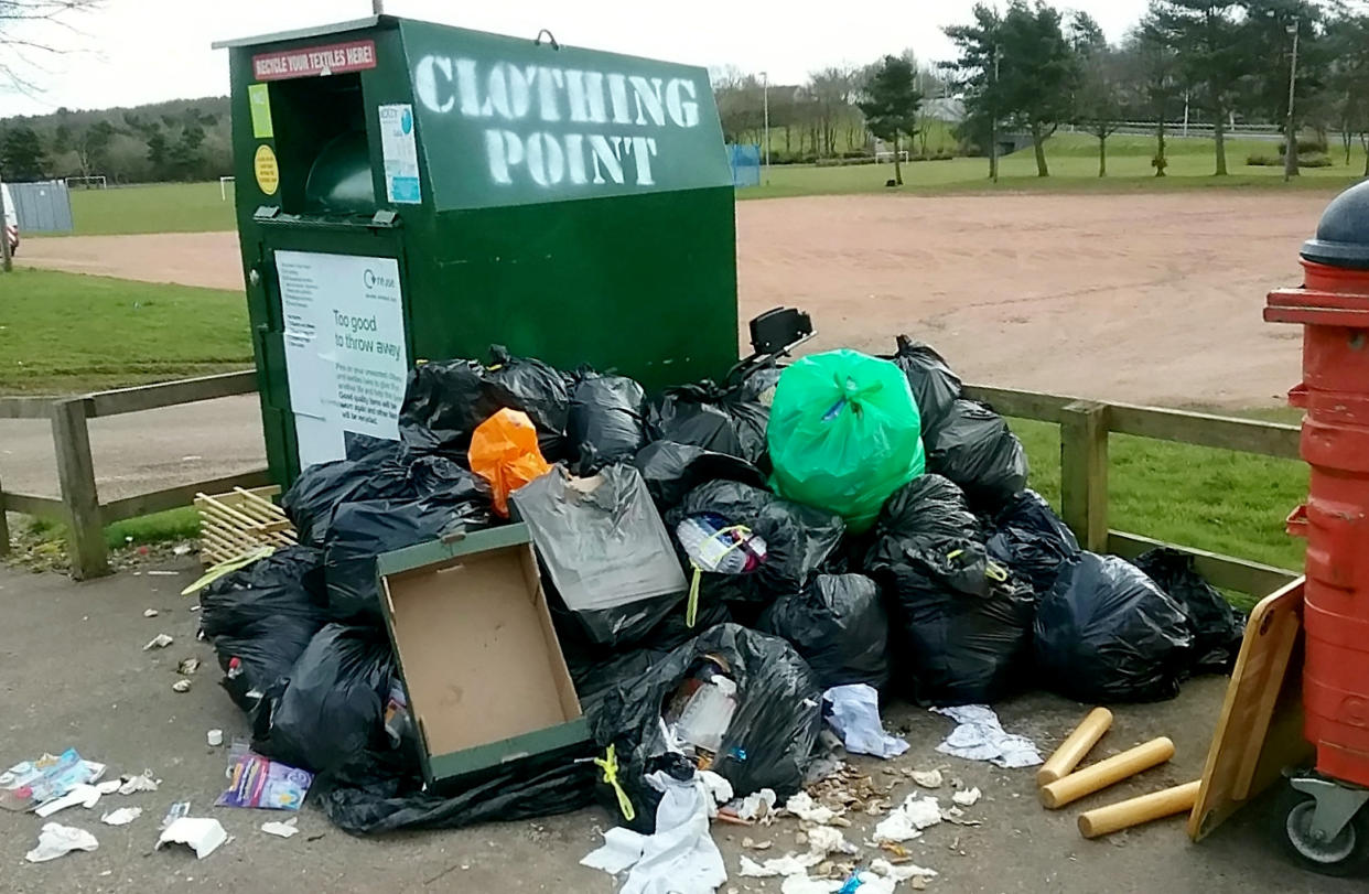 Glenrothes. Rubbish dumped across Fife by people after lockdown. April 1 2020.  Fly-tipping has surged by up to 300 per cent as recycling sites have closed due to the coronavirus, officials have revealed.  See SWNS story SWMDflytip.  Pictures show piles of waste dumped following the closure of waste centres.  Officials say many people are taking rubbish to recycling centres and when they find it closed dumping it outside - which is fly-tipping. One council says the amount of waste dumped in that way has gone up ''three fold''.      