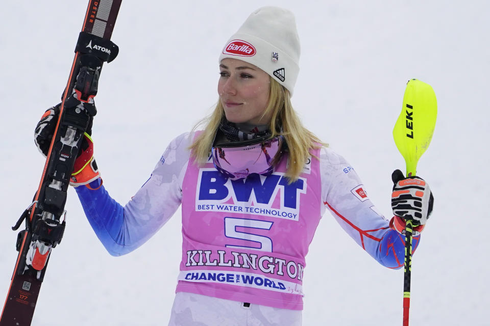 United State's Mikaela Shiffrin celebrates a first place finish in a women's World Cup slalom ski race Sunday, Nov. 28, 2021, Killington, Vt. (AP Photo/Robert F. Bukaty)