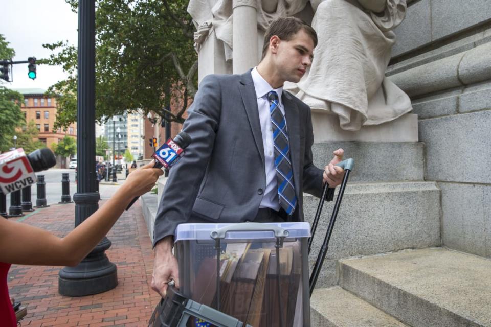 <div class="inline-image__caption"><p>Nathan Carman pictured arriving at court in 2019.</p></div> <div class="inline-image__credit">Nic Antaya/The Boston Globe via Getty</div>