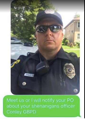 'Meet us, or I will notify your parole officer about your shenanigans,' Officer Conley texted. Source: Facebook