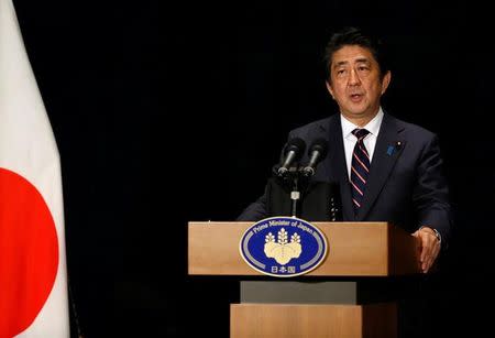 Japan's Prime Minister Shinzo Abe attends a news conference during the G20 Summit in Hangzhou, Zhejiang Province, China, September 5, 2016. REUTERS/Aly Song - RTX2O708