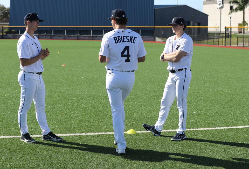 Detroit Tigers pitcher and catcher prospects arrived for the first day of spring training minicamp Wednesday, Feb.16, 2022 at Tiger Town in Lakeland. Garrett Hill, Beau Brieske and Reese Olson talk before workouts.
