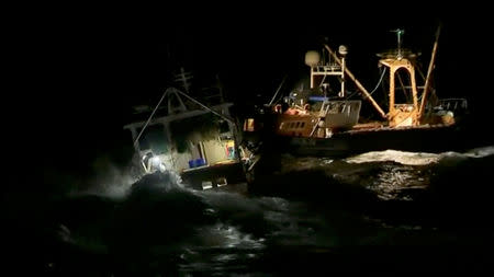 French and British fishing boats collide during scrap in English Channel over scallop fishing rights, August 28, 2018 in this still image taken from a video. France 3 Caen/via REUTERS