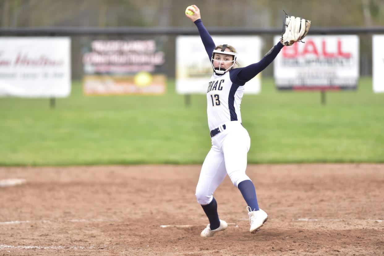 Algonac's Kenna Bommarito winds up to throw a pitch during a game last season.