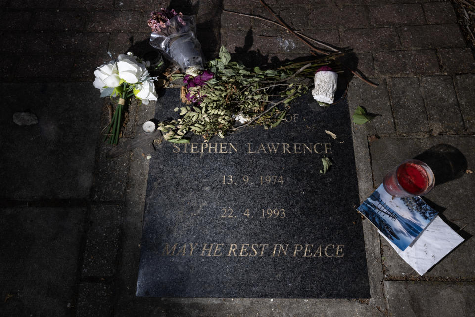 LONDON, ENGLAND - JUNE 26: A general view of the memorial plaque dedicated to Stephen Lawrence near the scene of his murder, on June 26, 2023 in the Eltham district of London, England. Today, the Met Police named an additional suspect in the UK's most notorious racist killing, in which 18-year-old Stephen Lawrence was fatally stabbed by a gang of young white men in Eltham in April 1993. The new, sixth suspect was named as Matthew White, who died in 2021 aged 50. 
