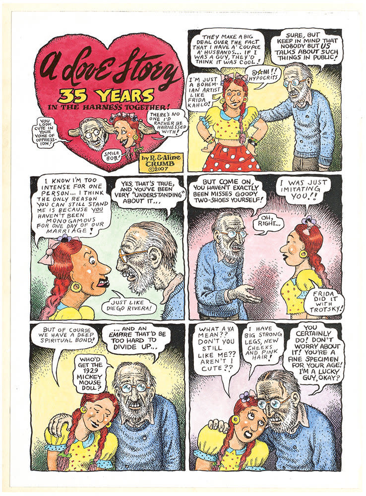 Aline Kominsky-Crumb and R. Crumb, "A Love Story: 35 Years in the Harness Together!," page 1, 2007, colored copies, 2 pages (Photo: David Zwirner)