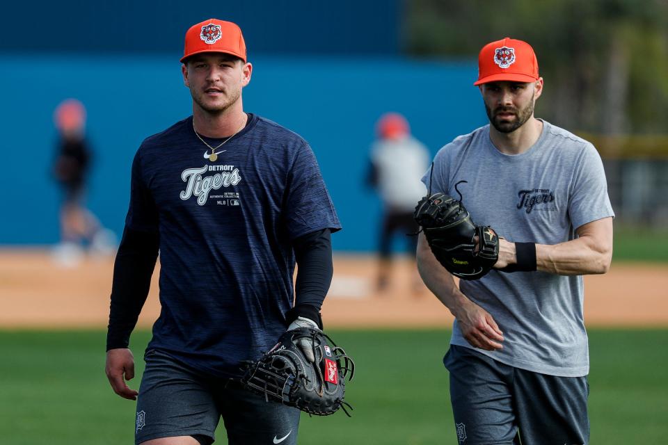 Detroit Tigers catchers Dillon Dingler and Anthony Bemboom during spring training at Tigertown in Lakeland, Fla. on Tuesday, Feb. 13, 2024.