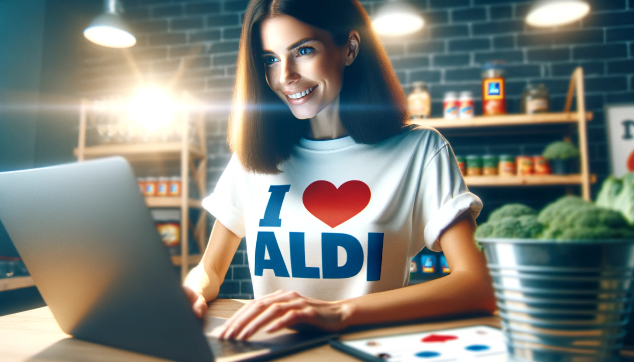 A smiling young woman wearing a t-shirt that says 'I LOVE ALDI' while sitting at her desk on a laptop doing social media, surrounded by wooden shelves of Aldi grocery items