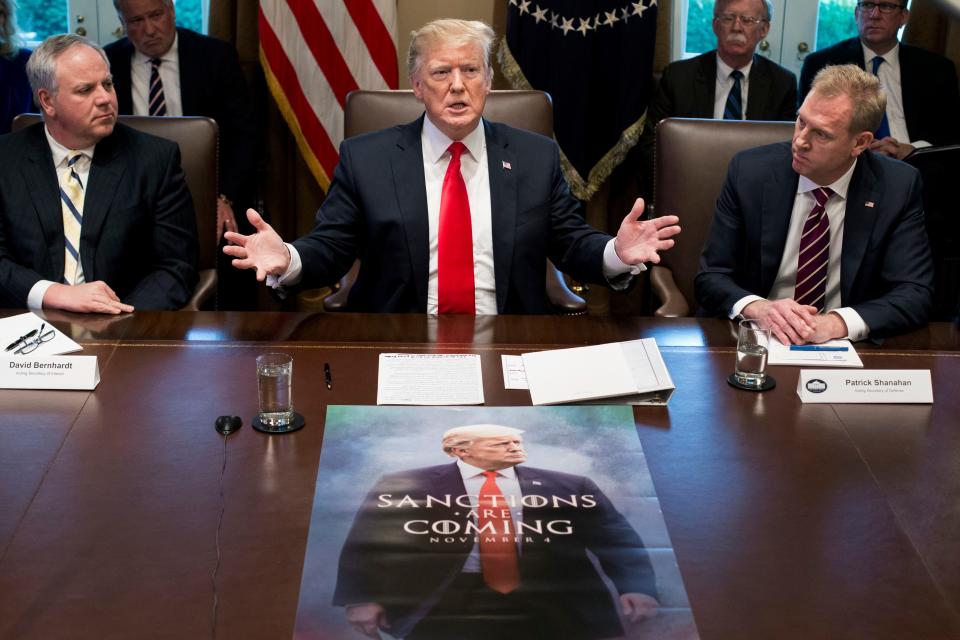 US President Donald J. Trump (C) speaks in front of a poster depicting his image, beside US Acting Secretary of the Interior David Bernhardt (L) and Acting Secretary of Defense Patrick Shanahan (R); during a meeting with members of Trump's Cabinet in the Cabinet Room of the White House in Washington, DC, USA, 02 January 2019. President Trump used the opportunity to speak on plans to host Congressional Democratic and Republican leaders to discuss the ongoing partial shutdown of the federal government and funding for border security. Trump also spoke on international affairs and the economy. US President Donald J. Trump holds a Cabinet meeting, Washington, USA - 02 Jan 2019