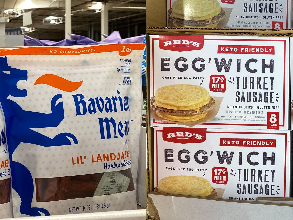 Bavarian Meats lil’ landjaeger on display at Costco; Boxes of Egg'wiches at Costco