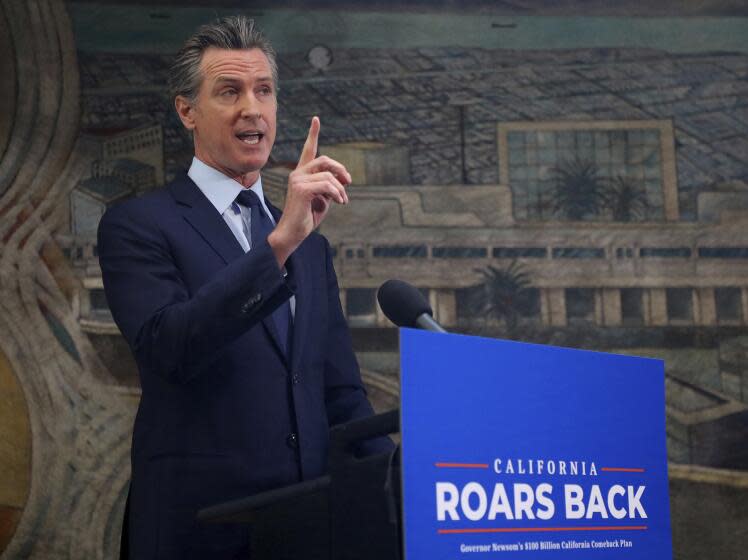 California Gov. Gavin Newsom takes part in a news conference at The Unity Council on Monday, May 10, 2021, in Oakland, Calif.