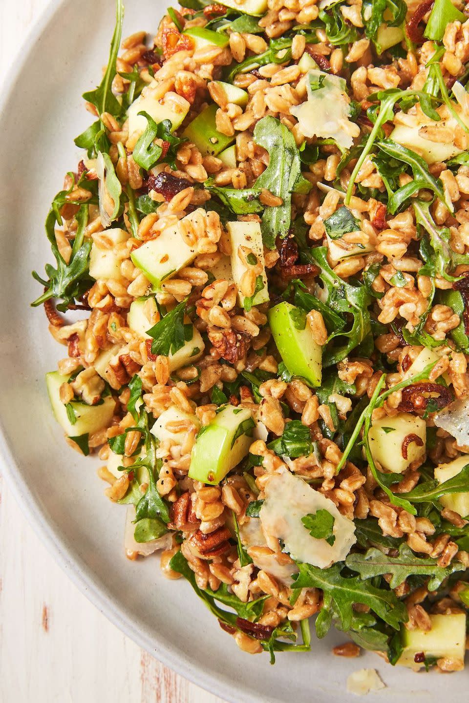 <p>With pecans, Parm, green apples, and leafy <a href="https://www.delish.com/cooking/recipe-ideas/g3976/arugula-salad-recipes/?slide=7" rel="nofollow noopener" target="_blank" data-ylk="slk:arugula;elm:context_link;itc:0;sec:content-canvas" class="link ">arugula</a>, this salad really feels like a full meal—AKA a make-ahead <em>dream.</em> It's got ALL the flavors and textures you desire, delivering hits of sweet, salty, fatty, and fresh flavor in every bite.<br><br>Get the <strong><a href="https://www.delish.com/cooking/recipe-ideas/recipes/a43059/best-farro-salad-recipe/" rel="nofollow noopener" target="_blank" data-ylk="slk:Farro Salad recipe;elm:context_link;itc:0;sec:content-canvas" class="link ">Farro Salad recipe</a></strong>.</p>