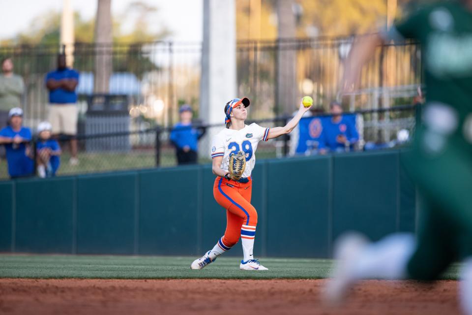 Florida Gators outfielder Katie Kistler (29) throws the ball against the Stetson Hatters during the game at Katie Seashole Pressly Stadium at the University of Florida in Gainesville, FL on Wednesday, March 13, 2024. [Matt Pendleton/Gainesville Sun]