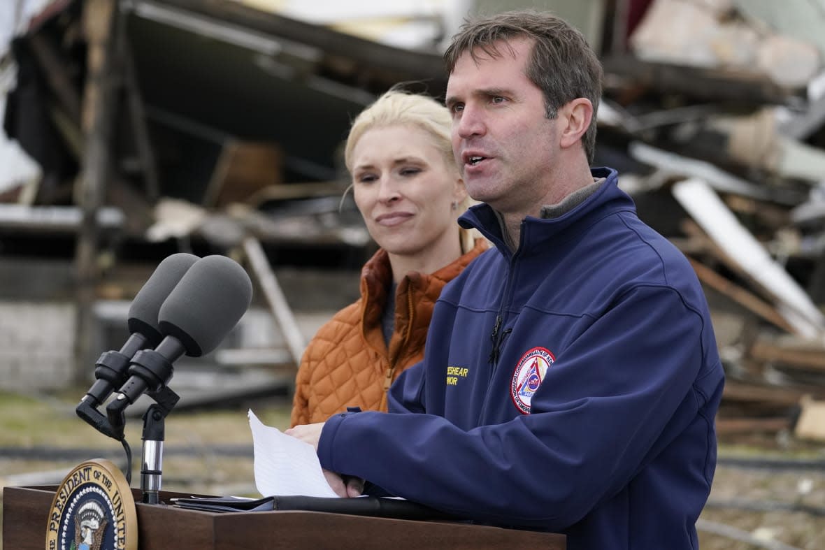 FILE – Kentucky Gov. Andy Beshear speaks after surveying storm damage from tornadoes and extreme weather in Dawson Springs, Ky., on Dec. 15, 2021. The Kentucky Republican gubernatorial primary is being held on Tuesday, May 16, as candidates compete for the chance to take on Beshear in November. (AP Photo/Andrew Harnik, File)
